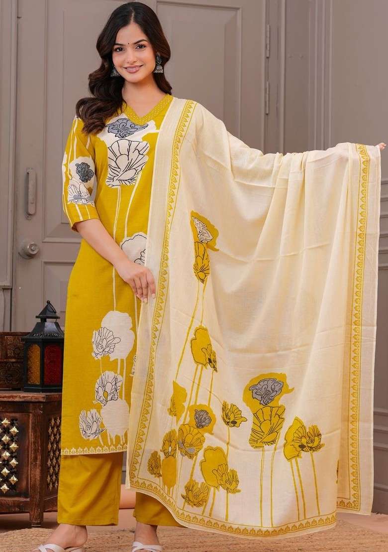 Mustard Embroidered Poly Blended Kurta Sets - Indya