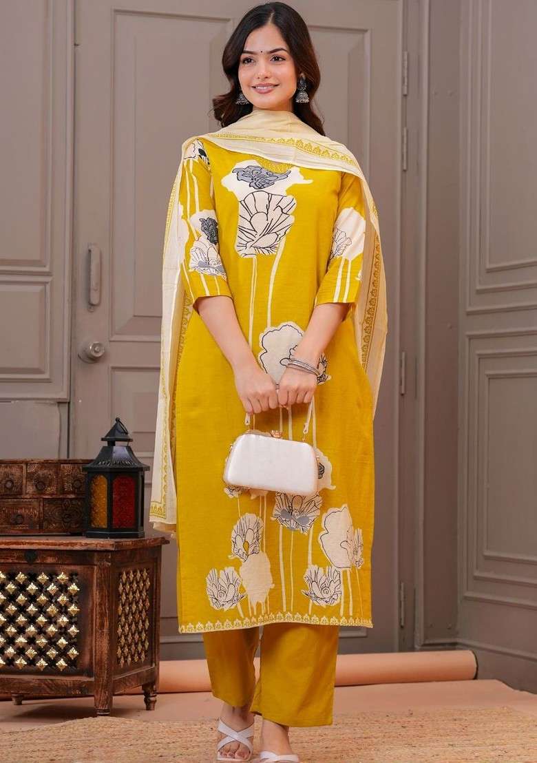 Mustard Embroidered Poly Blended Kurta Sets - Indya