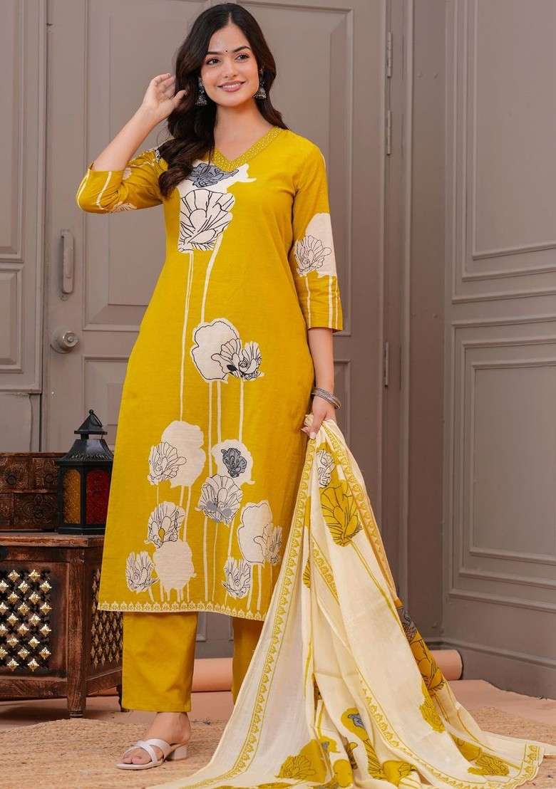 Mustard Embroidered Poly Blended Kurta Sets - Indya