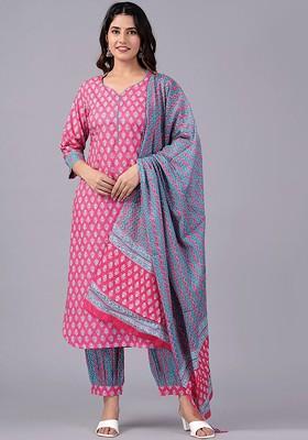 Pink Embroidered Poly Blended Kurta Sets