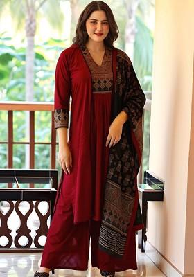 Maroon Embroidered Poly Blended Kurta Sets