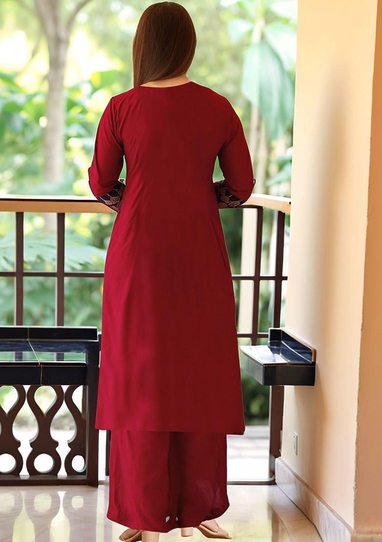 Maroon Embroidered Poly Blended Kurta Sets - Indya