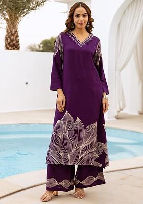 Purple Embroidered Poly Blended Kurta Sets