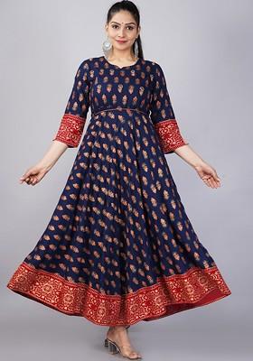 Navy Blue Embroidered Poly Blended Kurtas