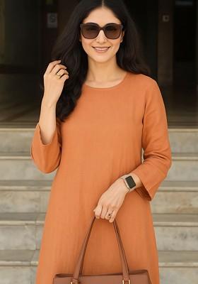 Rust Embroidered Poly Blended Kurta Sets