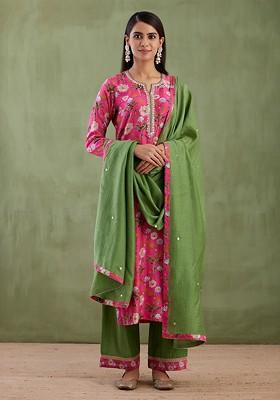 Pink Embroidered Poly Blended Kurta Sets