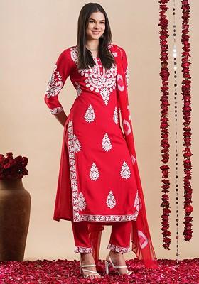 Pink Embroidered Poly Blended Kurta Sets