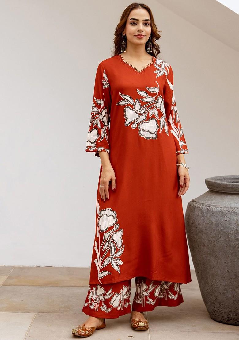 Rust Embroidered Poly Blended Kurta Sets