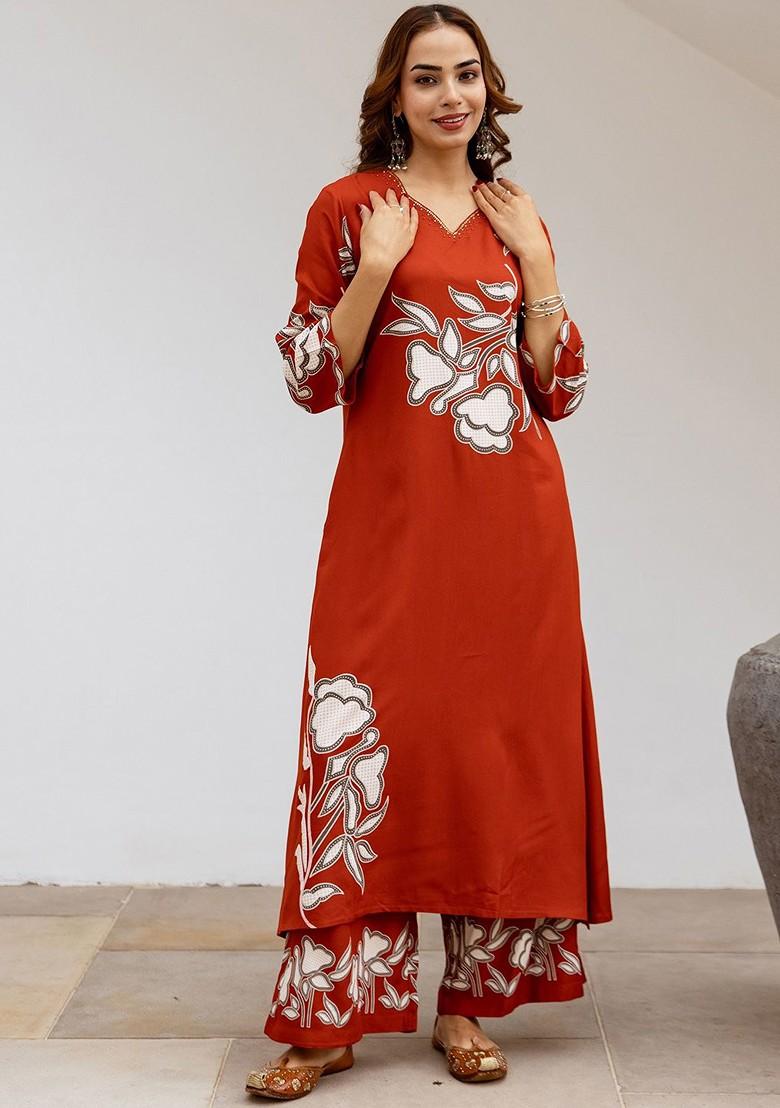 Rust Embroidered Poly Blended Kurta Sets