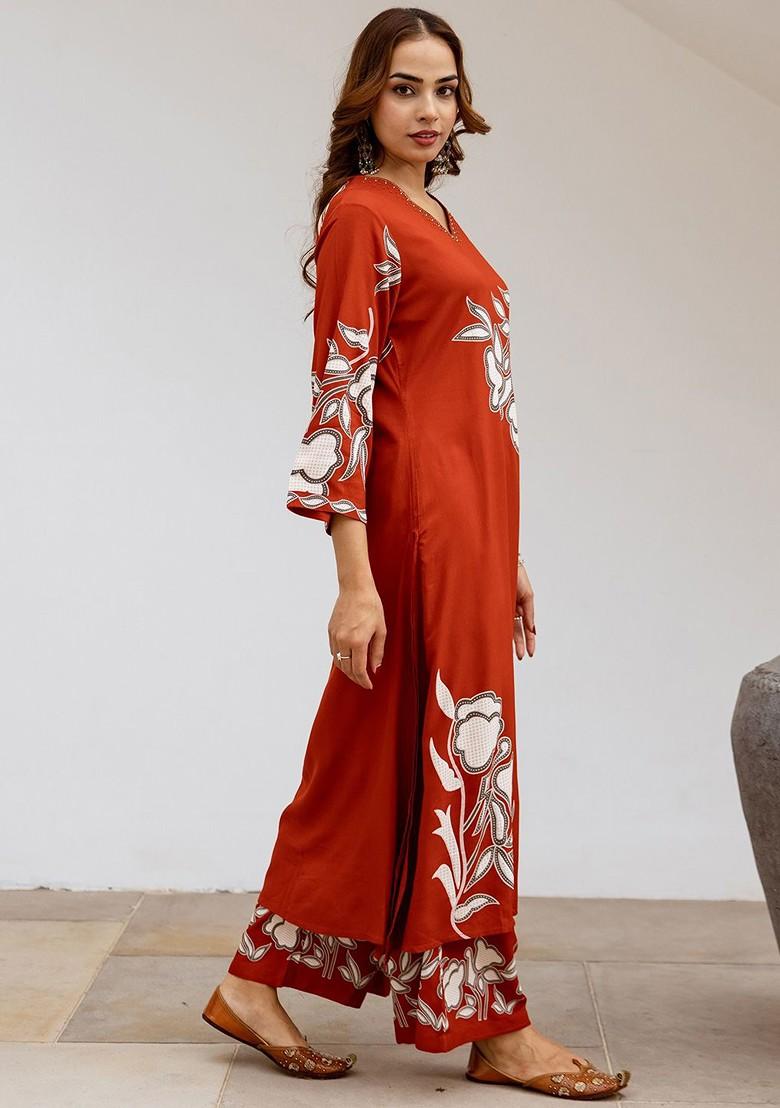 Rust Embroidered Poly Blended Kurta Sets