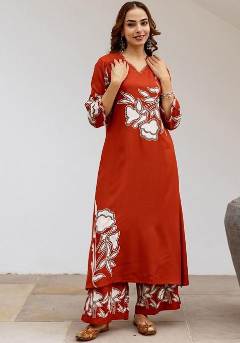 Rust Embroidered Poly Blended Kurta Sets