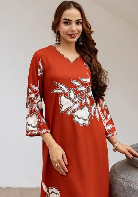 Rust Embroidered Poly Blended Kurta Sets