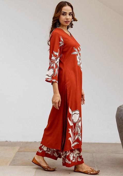 Rust Embroidered Poly Blended Kurta Sets