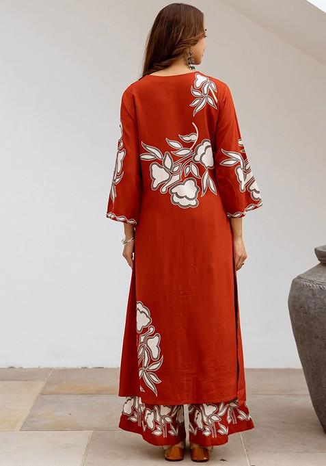 Rust Embroidered Poly Blended Kurta Sets