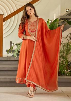 Rust Embroidered Poly Blended Kurta Sets