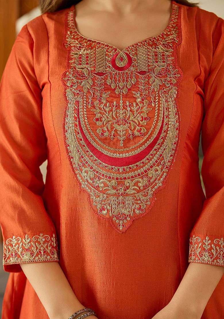 Rust Embroidered Poly Blended Kurta Sets - Indya
