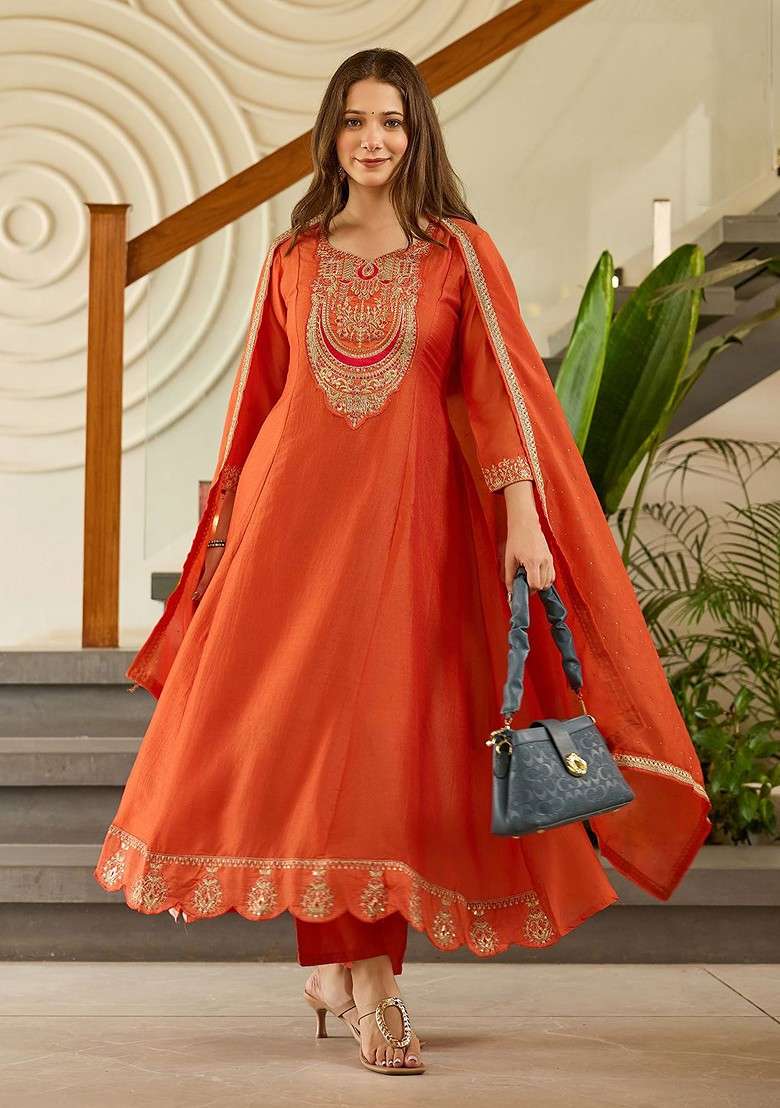 Rust Embroidered Poly Blended Kurta Sets - Indya