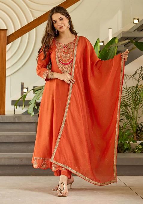 Rust Embroidered Poly Blended Kurta Sets