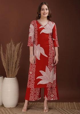Rust Embroidered Poly Blended Kurta Sets