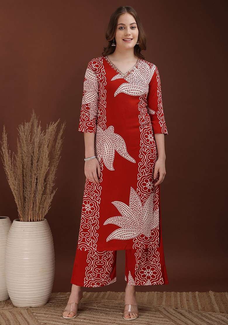 Rust Embroidered Poly Blended Kurta Sets - Indya