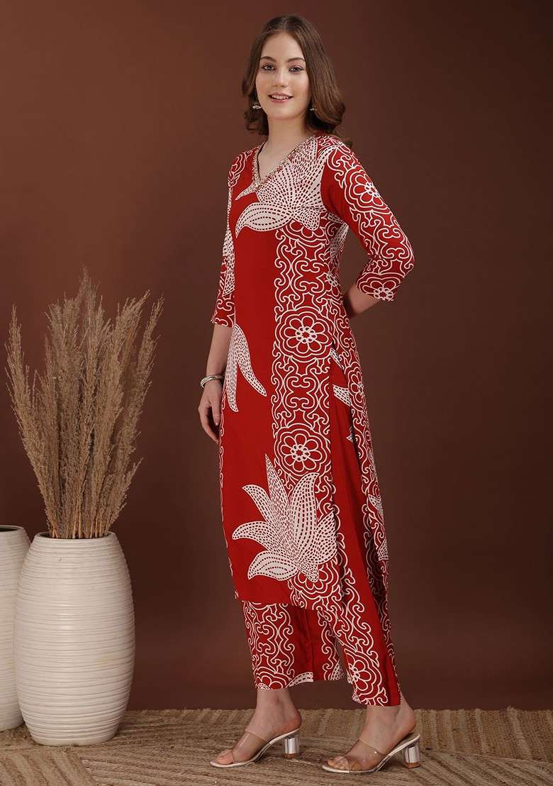 Rust Embroidered Poly Blended Kurta Sets - Indya