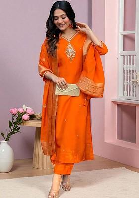 Orange Embroidered Poly Blended Kurta Sets