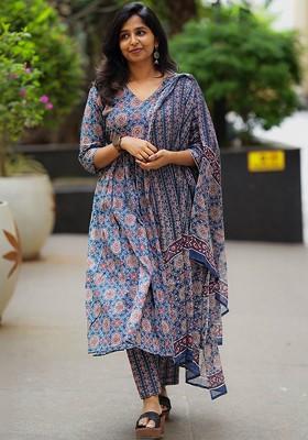 Navy Blue Embroidered Poly Blended Kurta Sets