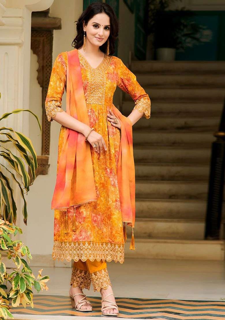 Mustard Embroidered Poly Blended Kurta Sets - Indya