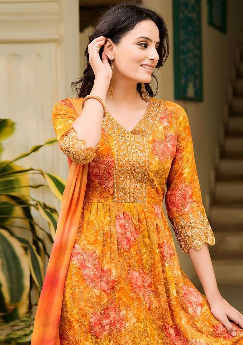 Mustard Embroidered Poly Blended Kurta Sets - Indya