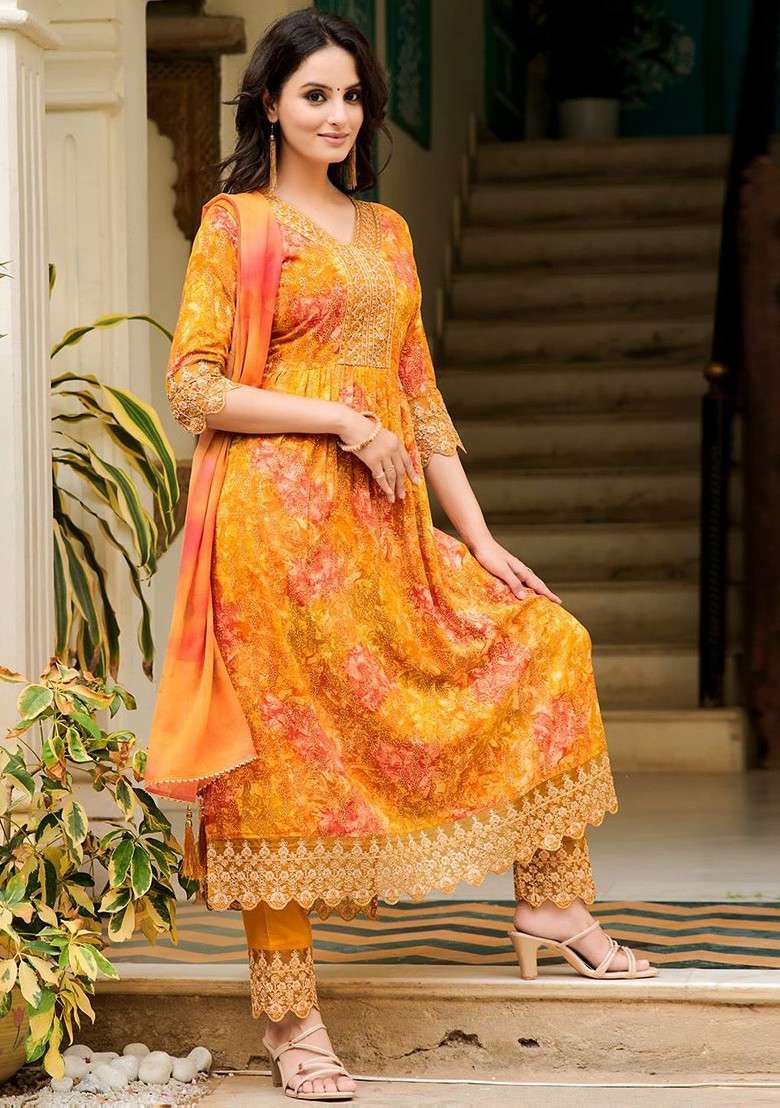 Mustard Embroidered Poly Blended Kurta Sets - Indya