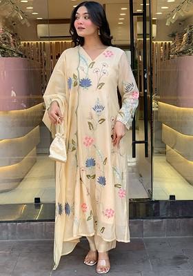 Cream Embroidered Poly Blended Kurta Sets