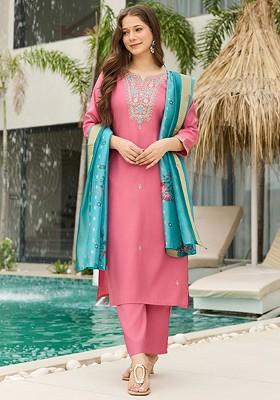 Pink Embroidered Poly Blended Kurta Sets