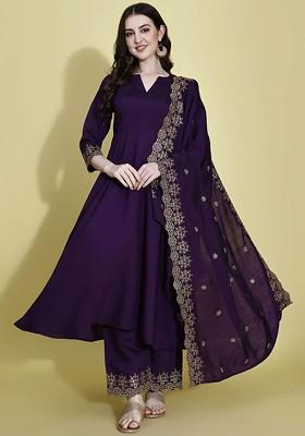 Purple Embroidered Poly Blended Kurta Sets