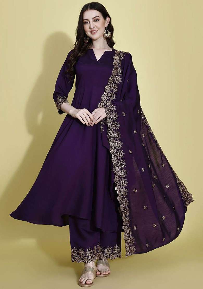 Purple Embroidered Poly Blended Kurta Sets - Indya