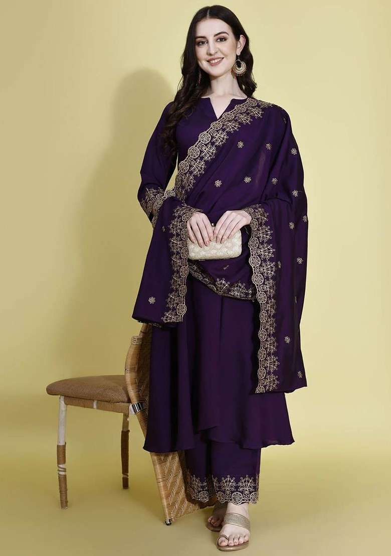 Purple Embroidered Poly Blended Kurta Sets - Indya