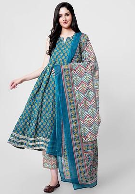 Sea Green Embroidered Poly Blended Kurta Sets