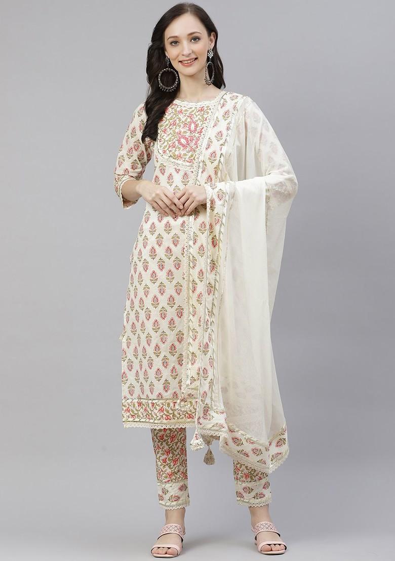 Cream Embroidered Poly Blended Kurta Sets
