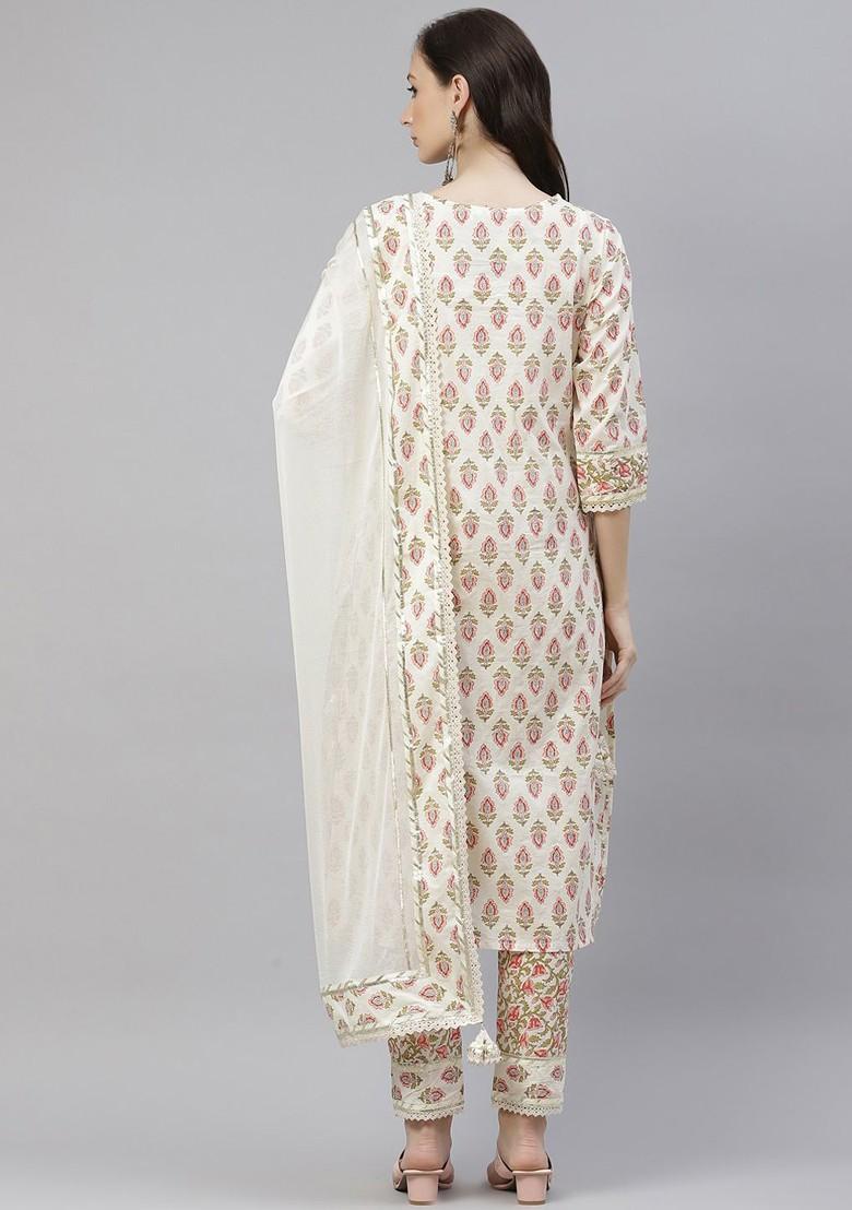 Cream Embroidered Poly Blended Kurta Sets - Indya