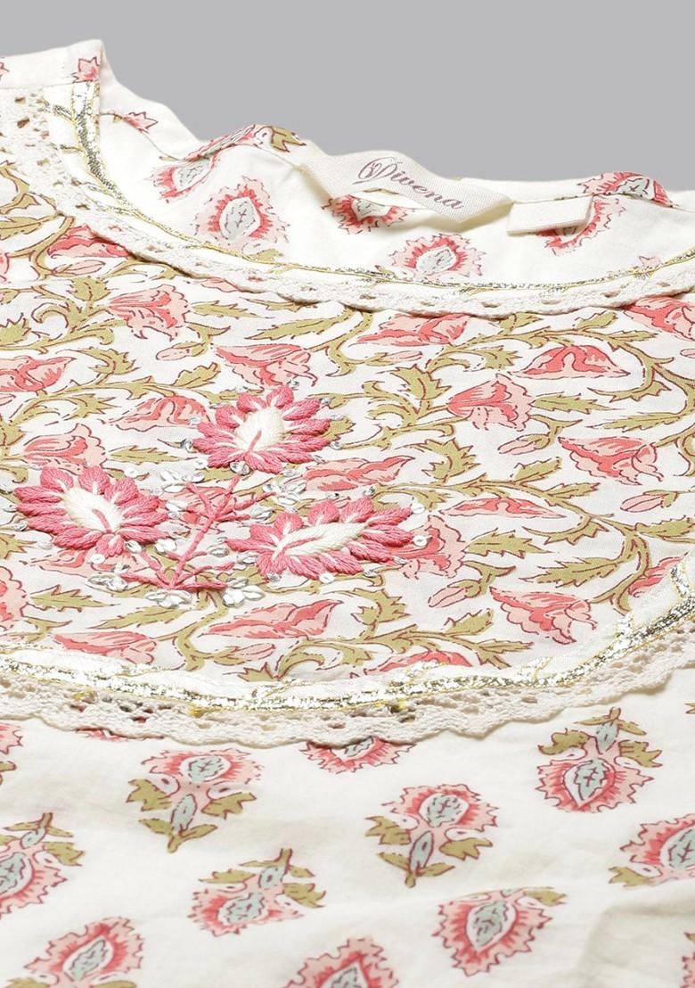 Cream Embroidered Poly Blended Kurta Sets