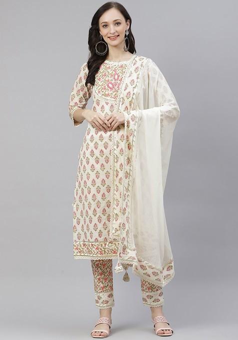 Cream Embroidered Poly Blended Kurta Sets