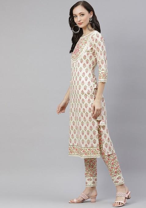 Cream Embroidered Poly Blended Kurta Sets