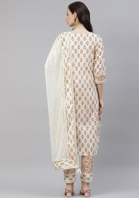 Cream Embroidered Poly Blended Kurta Sets