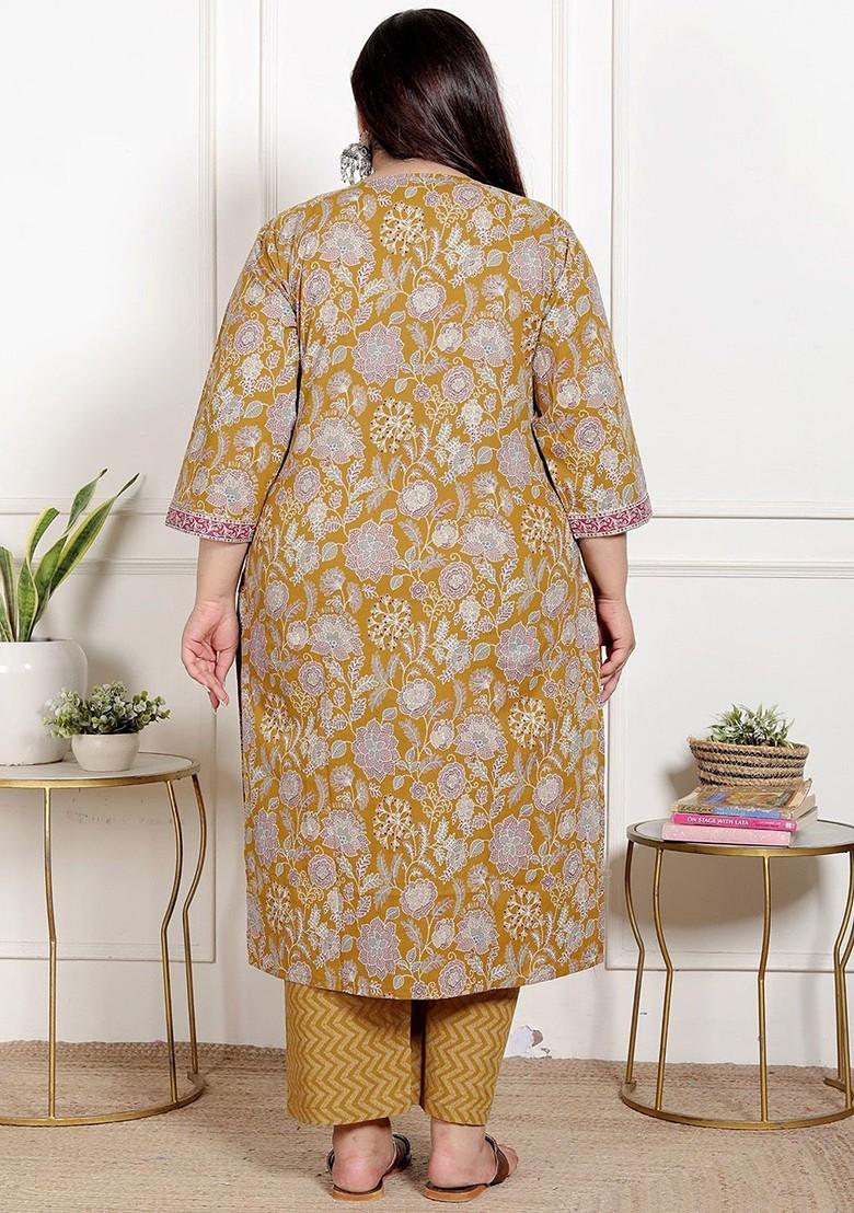 Mustard Embroidered Poly Blended Kurta Sets - Indya