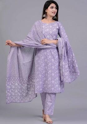 Purple Embroidered Poly Blended Kurta Sets