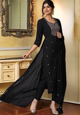 Black Embroidered Poly Blended Kurta Sets