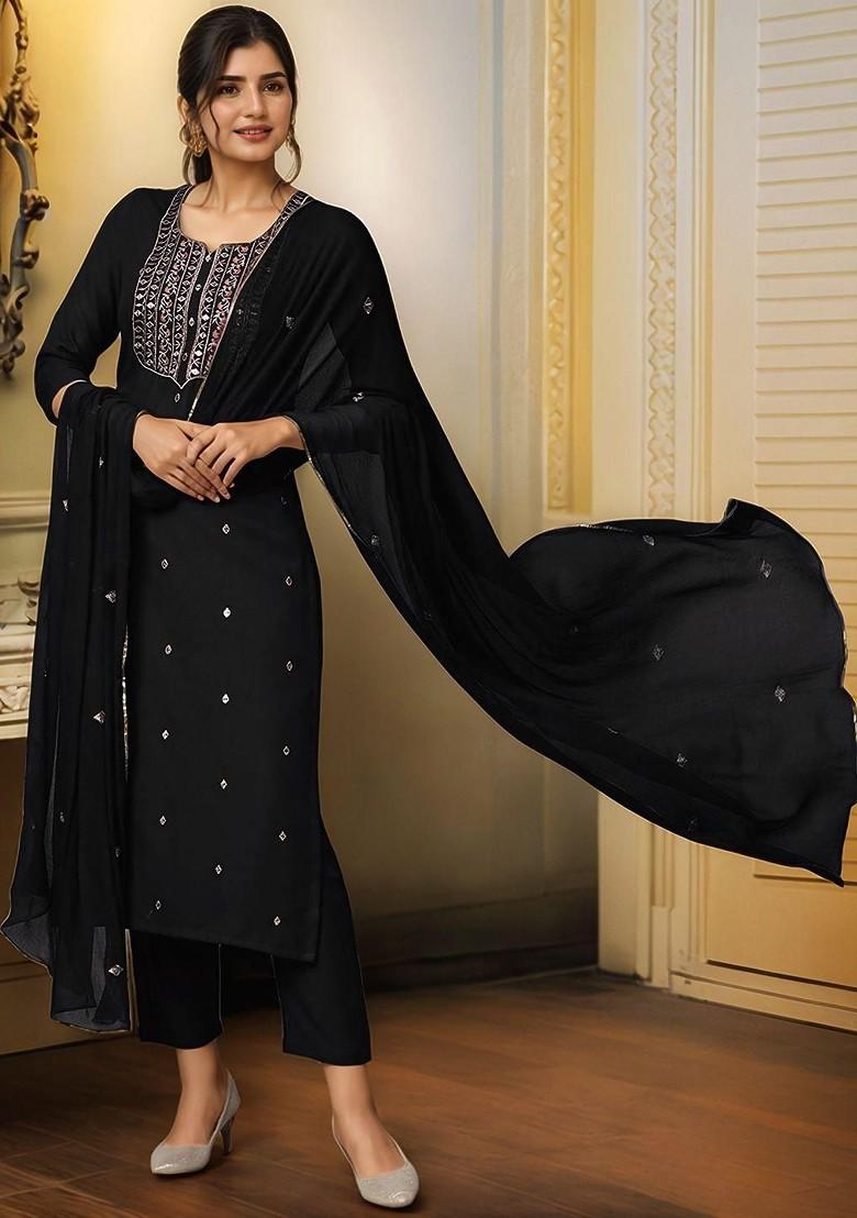 Black Embroidered Poly Blended Kurta Sets - Indya