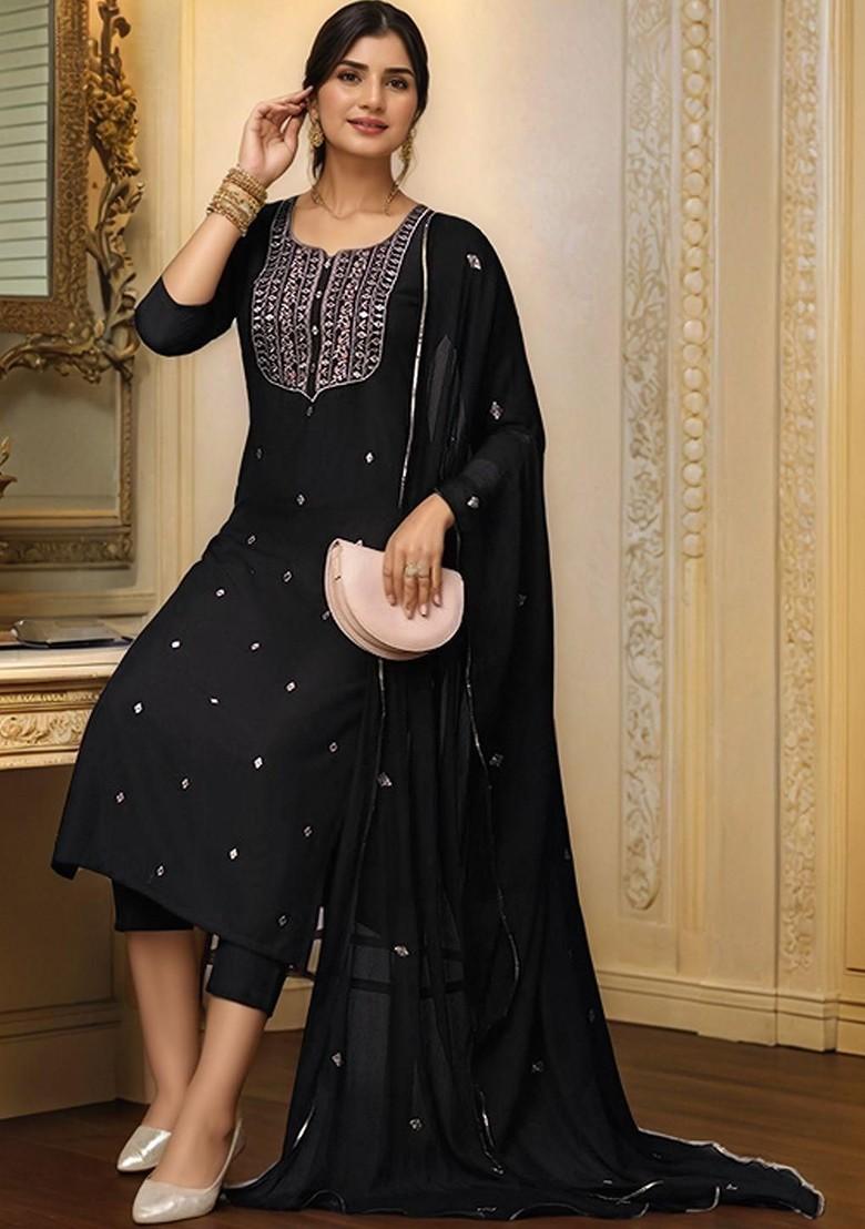 Black Embroidered Poly Blended Kurta Sets - Indya