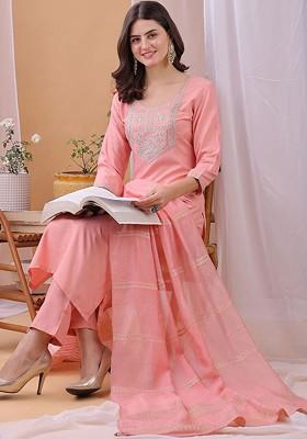 Peach Embroidered Poly Blended Kurta Sets