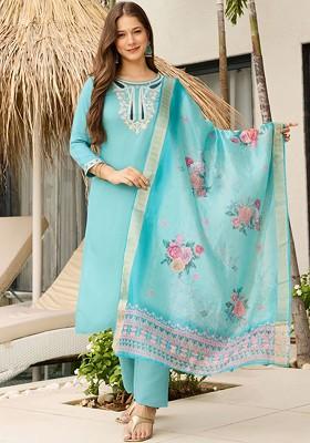 Turquoise Blue Embroidered Poly Blended Kurta Sets