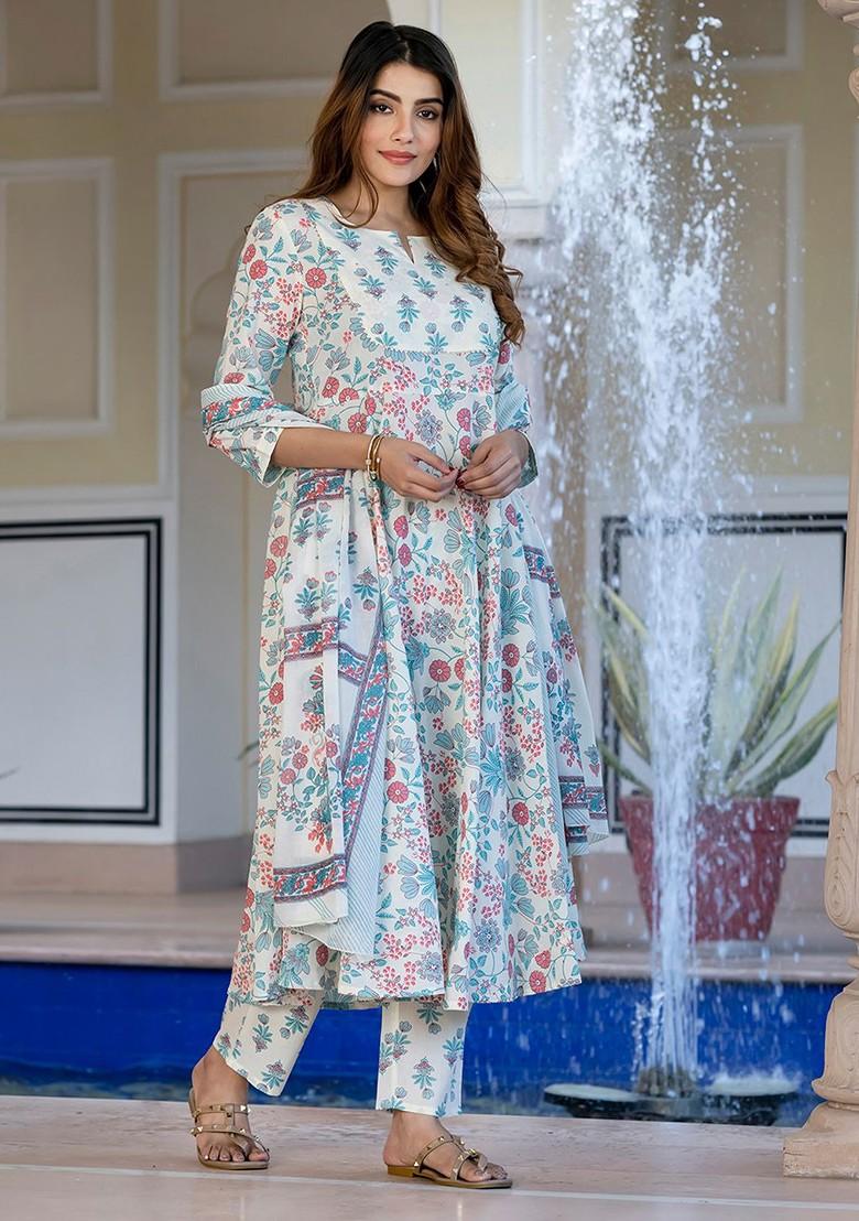 Cream Embroidered Poly Blended Kurta Sets